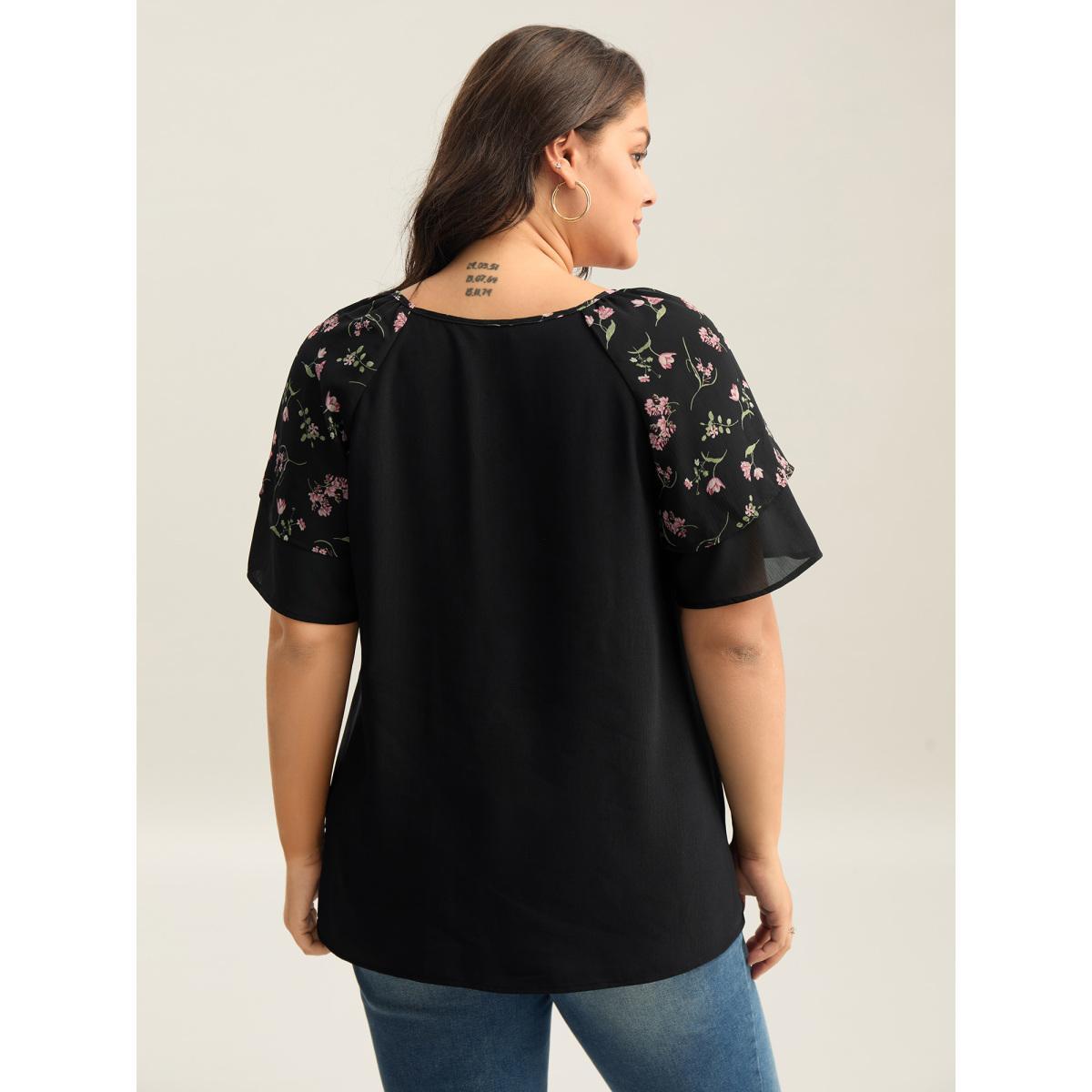 Plus Size Black Floral Layered Sleeve Solid Blouse Women Short sleeve V-neck Everyday-Casual Blouses BloomChic 14-16/1X Product Image