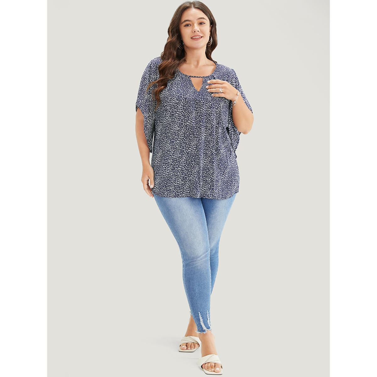 Plus Size Indigo Polka Dot Ruffle Sleeve Keyhole Neck Blouse Women Elegant Short sleeve Round Neck Dailywear Blouses BloomChic 10/M Product Image