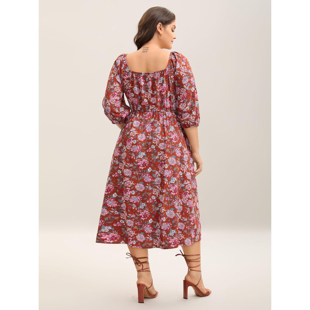 Plus Size Flirty Floral Print Shirred Pockets Midi Dress Scarlet Women Elegant Square Neck Elbow-length sleeve Curvy BloomChic 22-24/3X Product Image