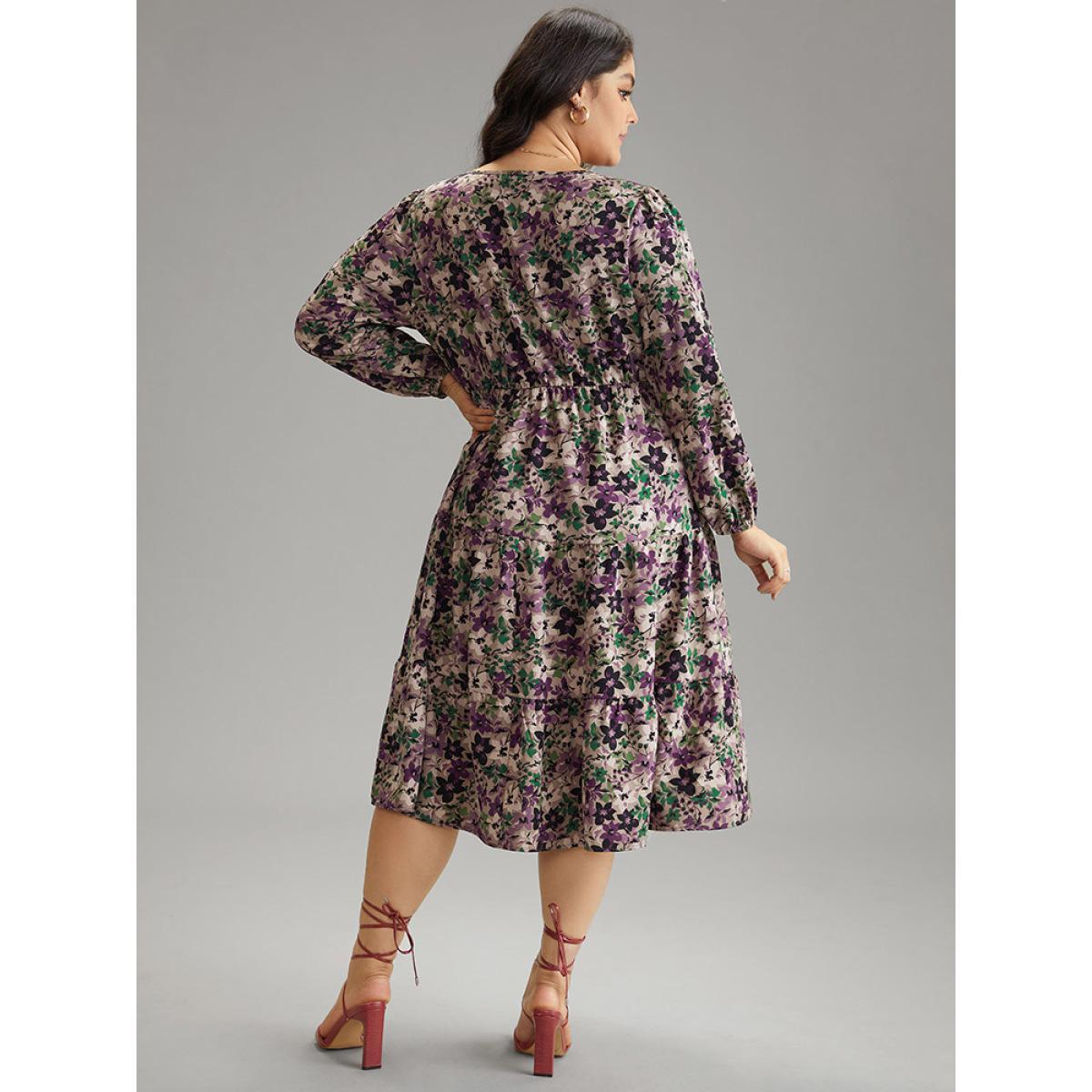 Plus Size Floral Gathered Ruffle Layered Hem Dress Mauve Women Elegant Elastic cuffs V-neck Long Sleeve Curvy Midi Dress BloomChic 18-20/2X Product Image