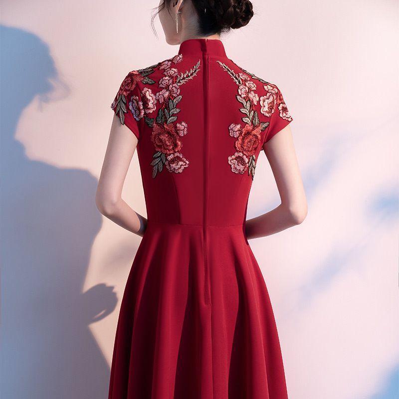 Short-Sleeve Floral Embroidered Qipao Evening Gown Product Image