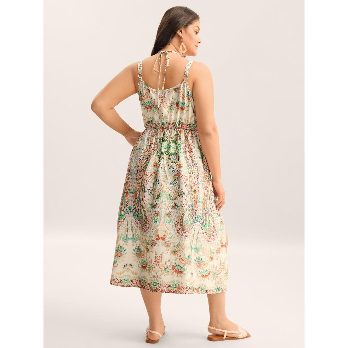 Plus Size Paisley Print Halter Neck A-Line Midi Dress Ivory Women Asymmetrical Neck Sleeveless Curvy BloomChic 28/5X Product Image