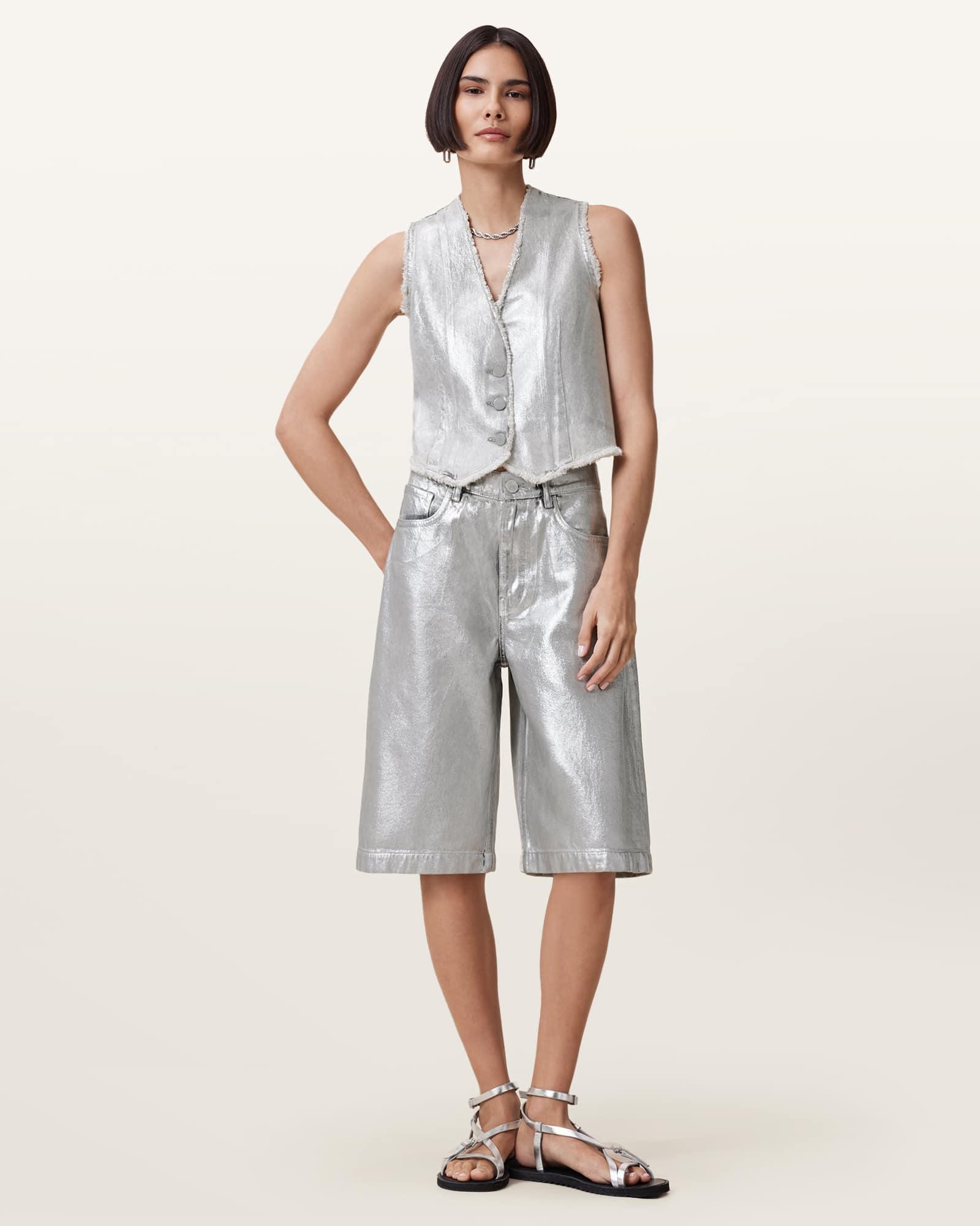 Louie Metallic Long Denim Shorts Product Image