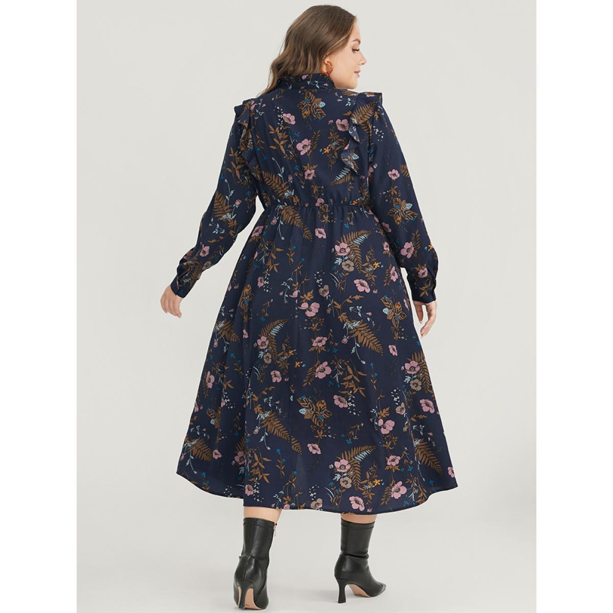 Plus Size Floral Pocket Knotted Neck Ruffle Trim Split Dress DarkBlue Women Elegant Knotted Tie Neck Long Sleeve Curvy Midi Dress BloomChic 10/M Product Image