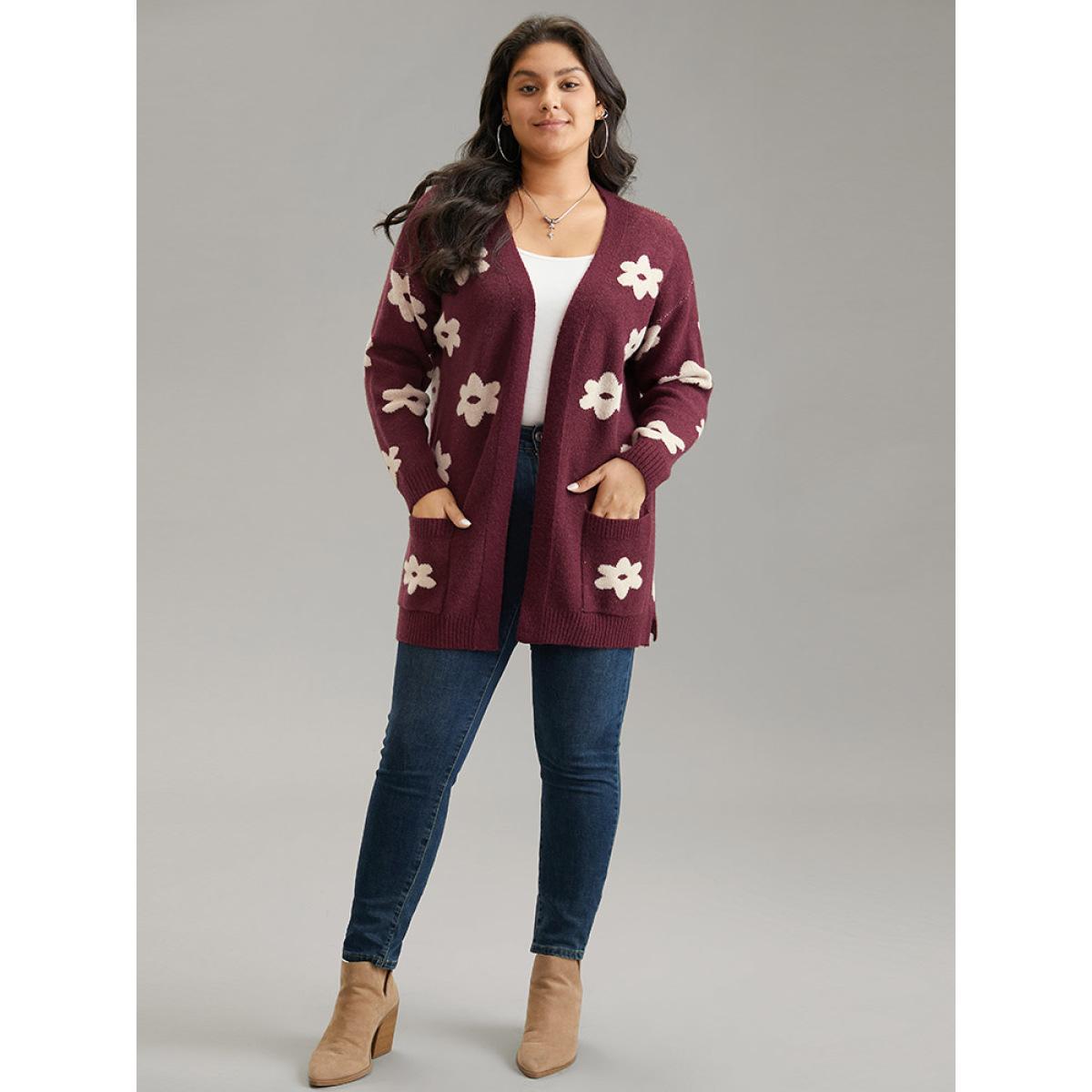 Plus Size Floral Two Tone Open Front Cardigan Burgundy Women Casual Loose Long Sleeve Dailywear Cardigans BloomChic 22-24/3X Product Image