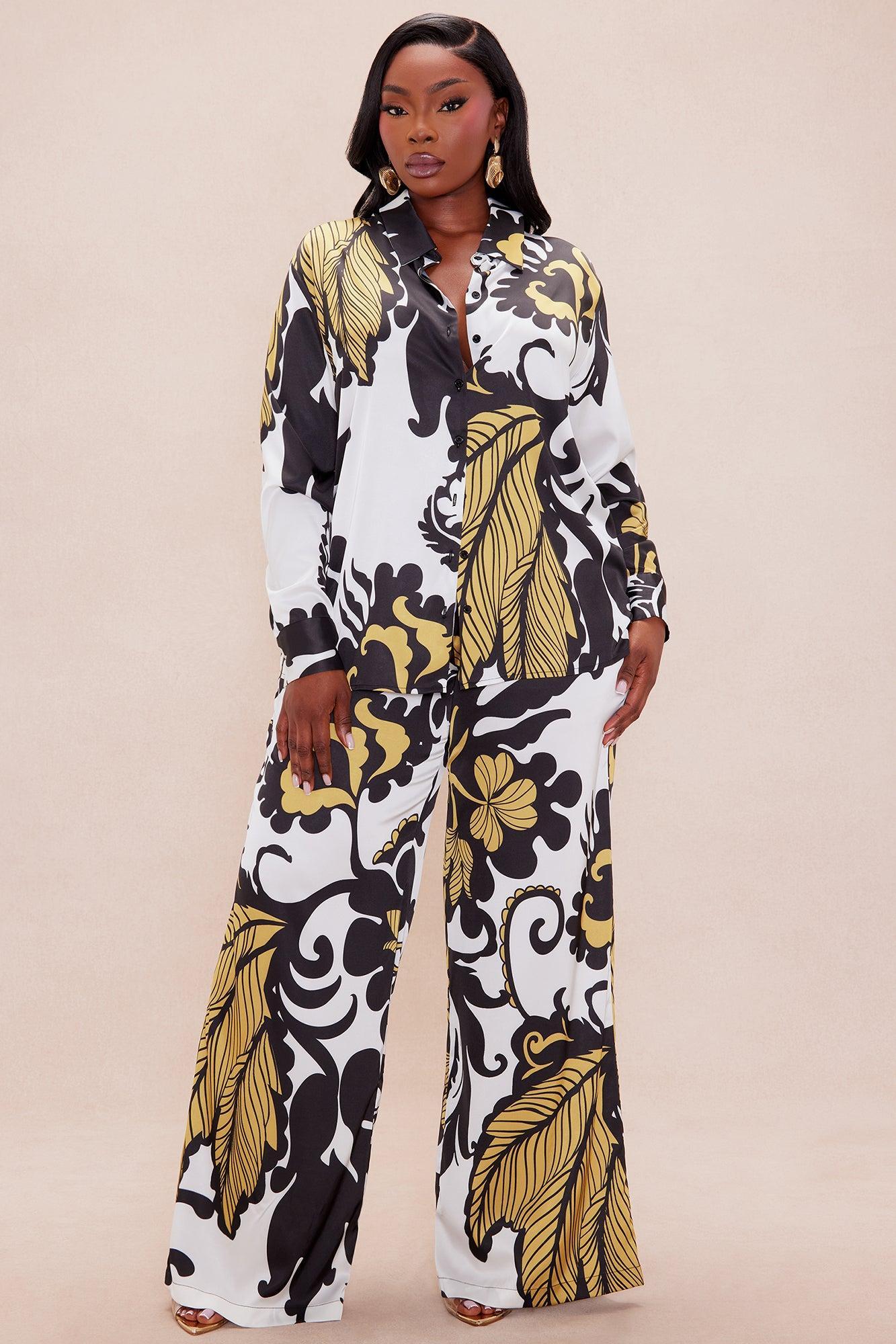 Adima Satin Wide Leg Pant Set - Gold/combo Product Image