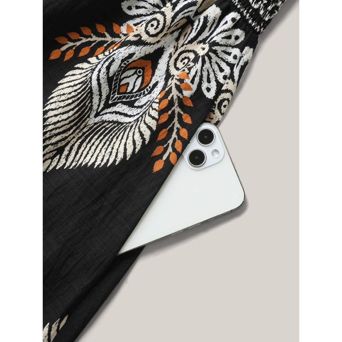 Plus Size Boho Print Pockets Cinched-Waist Midi Dress Black Women V-neck Sleeveless Curvy BloomChic 12/L Product Image