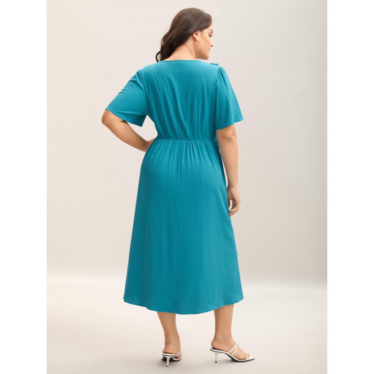 Plus Size Ruffled Lace Trim Pockets Plain Midi Dress Cerulean Women Overlap Collar Short sleeve Curvy BloomChic 18-20/2X Product Image