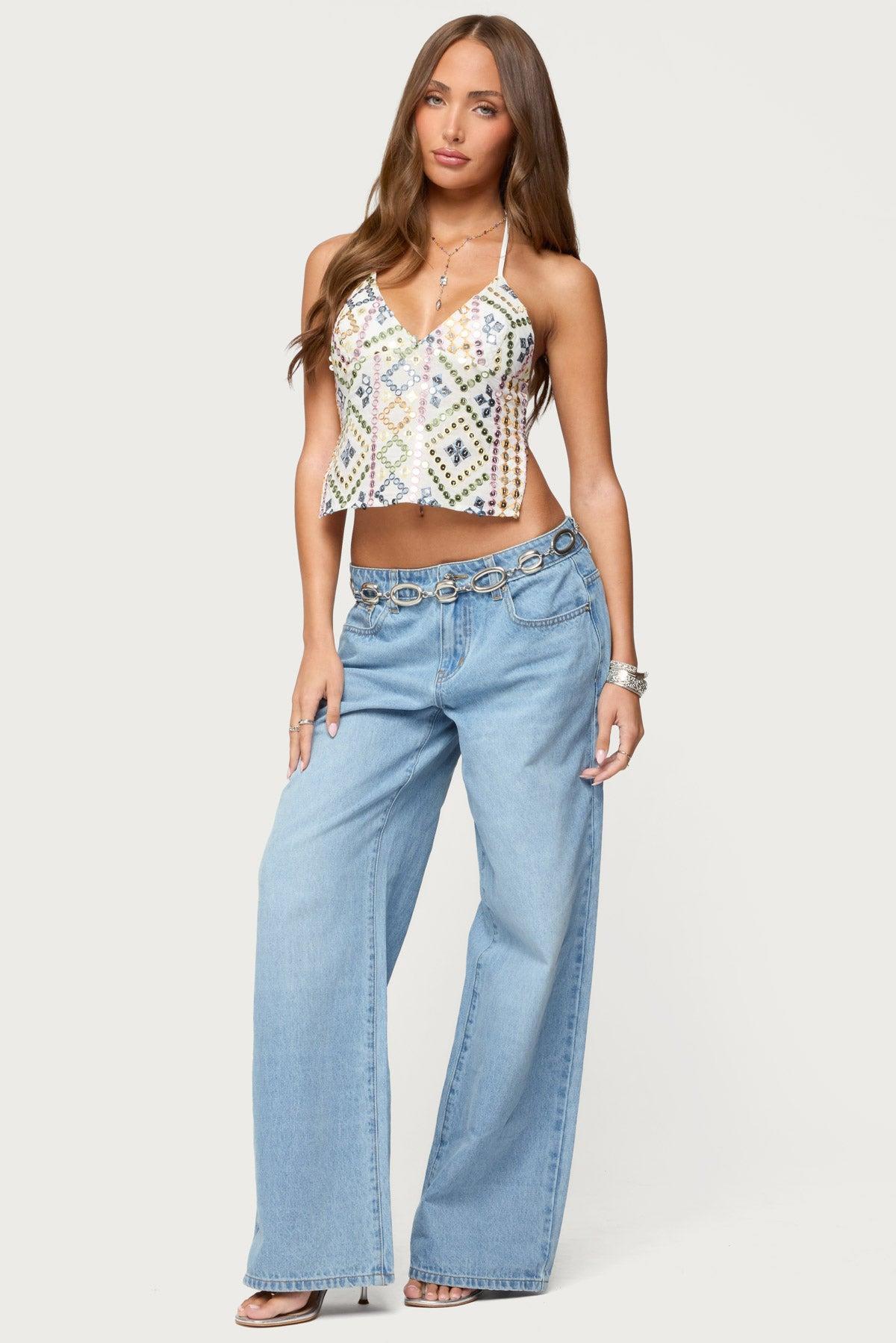 Mirra Embroidered Flower Low Rise Jeans Product Image