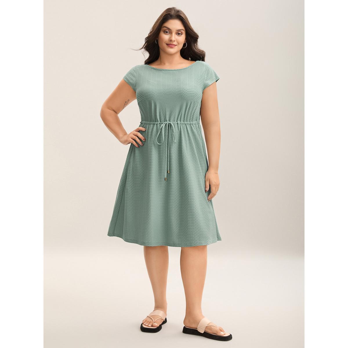 Plus Size Textured Waist-Tie Knit Midi Dress Sage Women Casual Drawstring Knit Dresses Bloomchic 30/6X Product Image