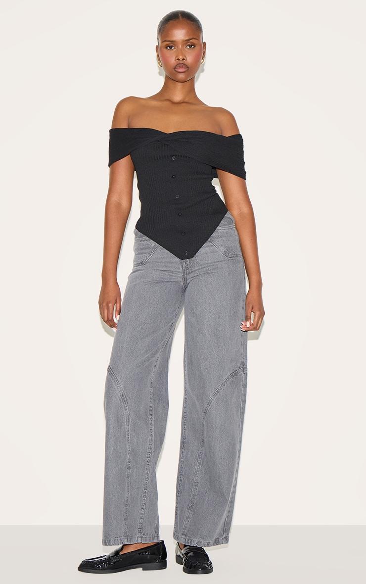 Black Rib Knit Twist Bardot Button Through Top Product Image