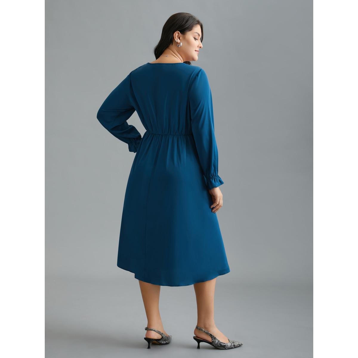 Plus Size Ruffle Cuff Elastic Waist Split Hem Dress Aegean Women At the Office Pleated Round Neck Long Sleeve Curvy BloomChic 12/L Product Image