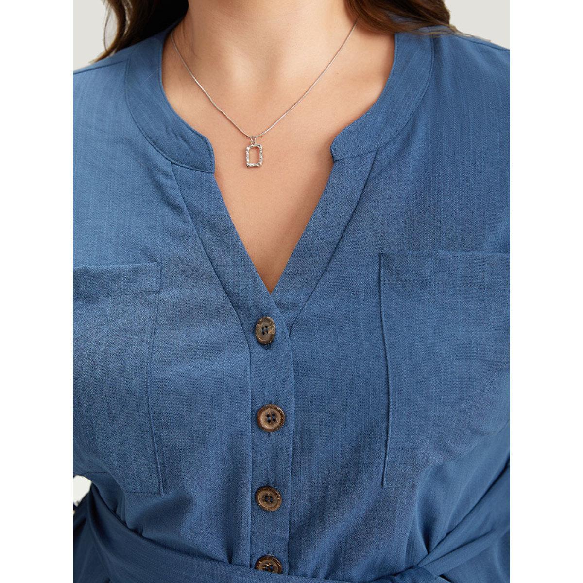 Plus Size Stone Anti-Wrinkle Solid Patched Pocket Notched Button Up Belt Romper Women Office Short sleeve Notched collar Work Loose Jumpsuits BloomChic 26/4X Product Image