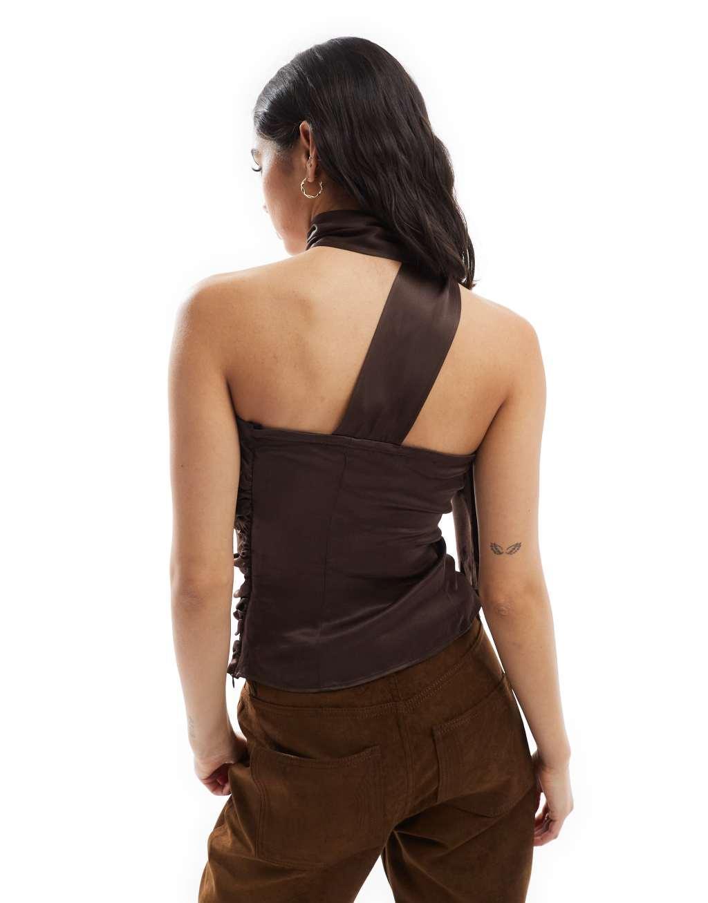 ASOS DESIGN satin top with neck tie detail in brown Product Image