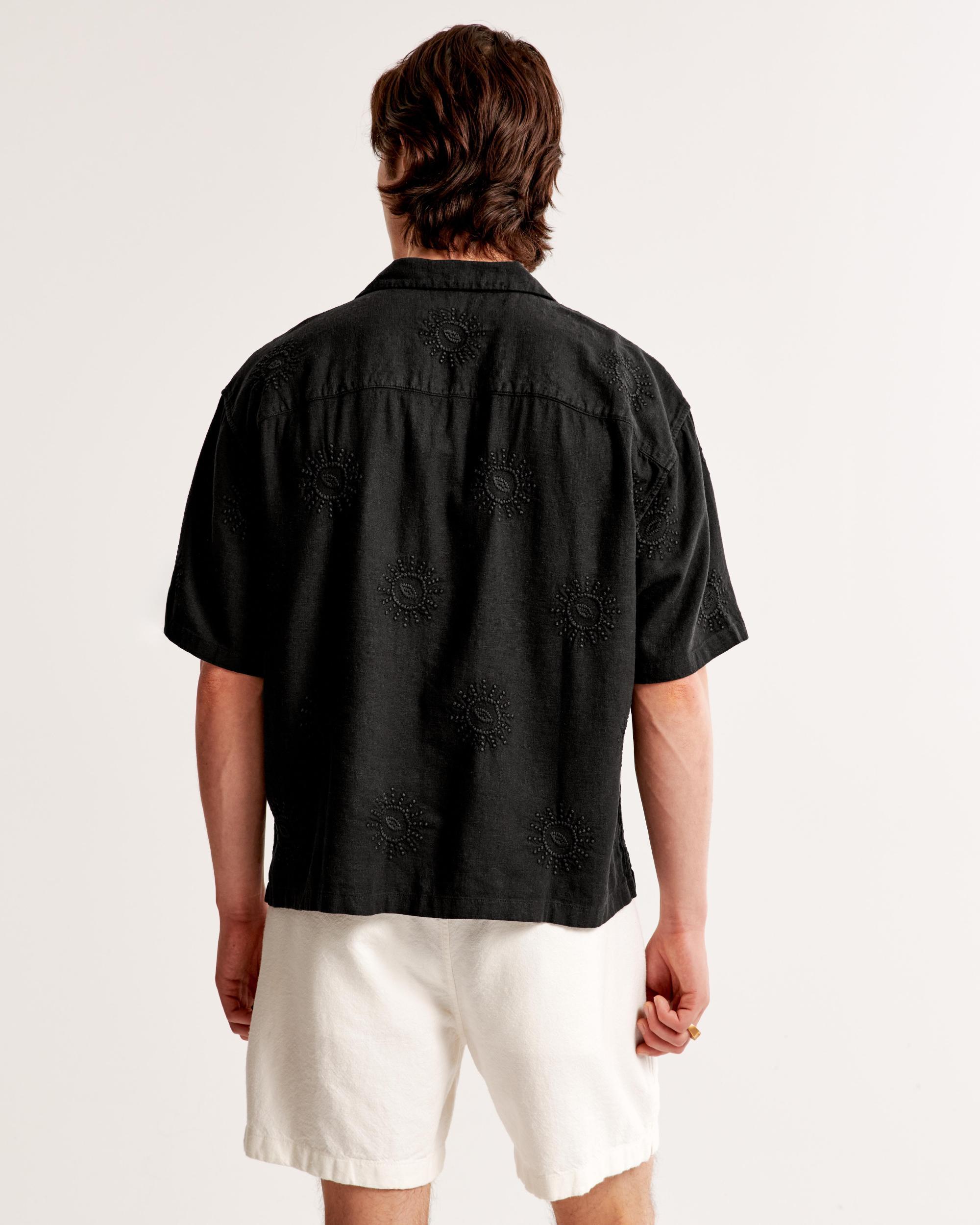 Camp Collar Cropped Summer Linen-Blend Embroidered Shirt Product Image
