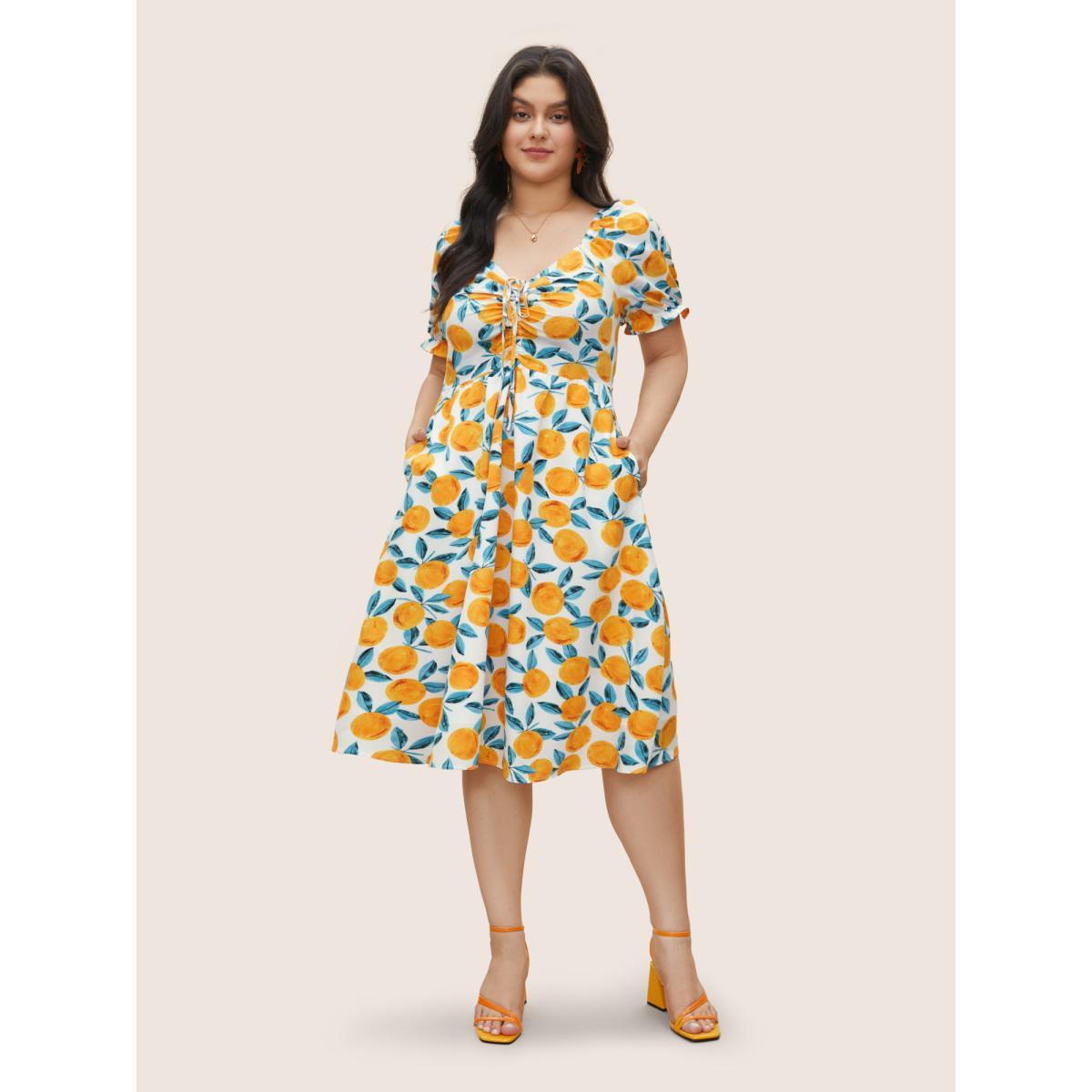 Plus Size Fruits Print Drawstring Ruched Lantern Sleeve Dress Ivory Women Elegant Gathered Tie Neck Short sleeve Curvy Midi Dress BloomChic 18-20/2X Product Image