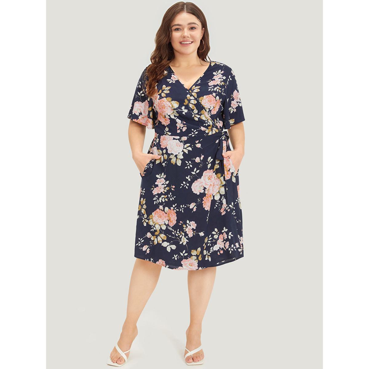Plus Size Floral Print Pocket Knot Ruffle Sleeve Wrap Dress DarkBlue Women Elegant Wrap V-neck Half Sleeve Curvy Knee Dress BloomChic 14-16/1X Product Image