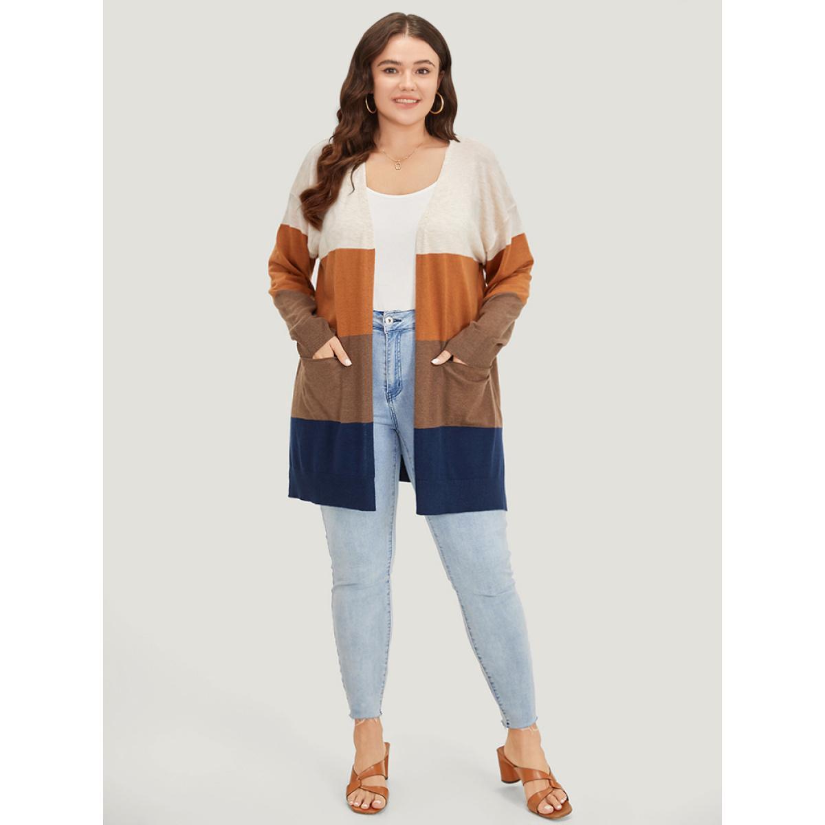 Plus Size Supersoft Essentials Colorblock Contrast Pocket Split Side Cardigan Bronze Women Casual Loose Long Sleeve Everyday Cardigans BloomChic 30/6X Product Image