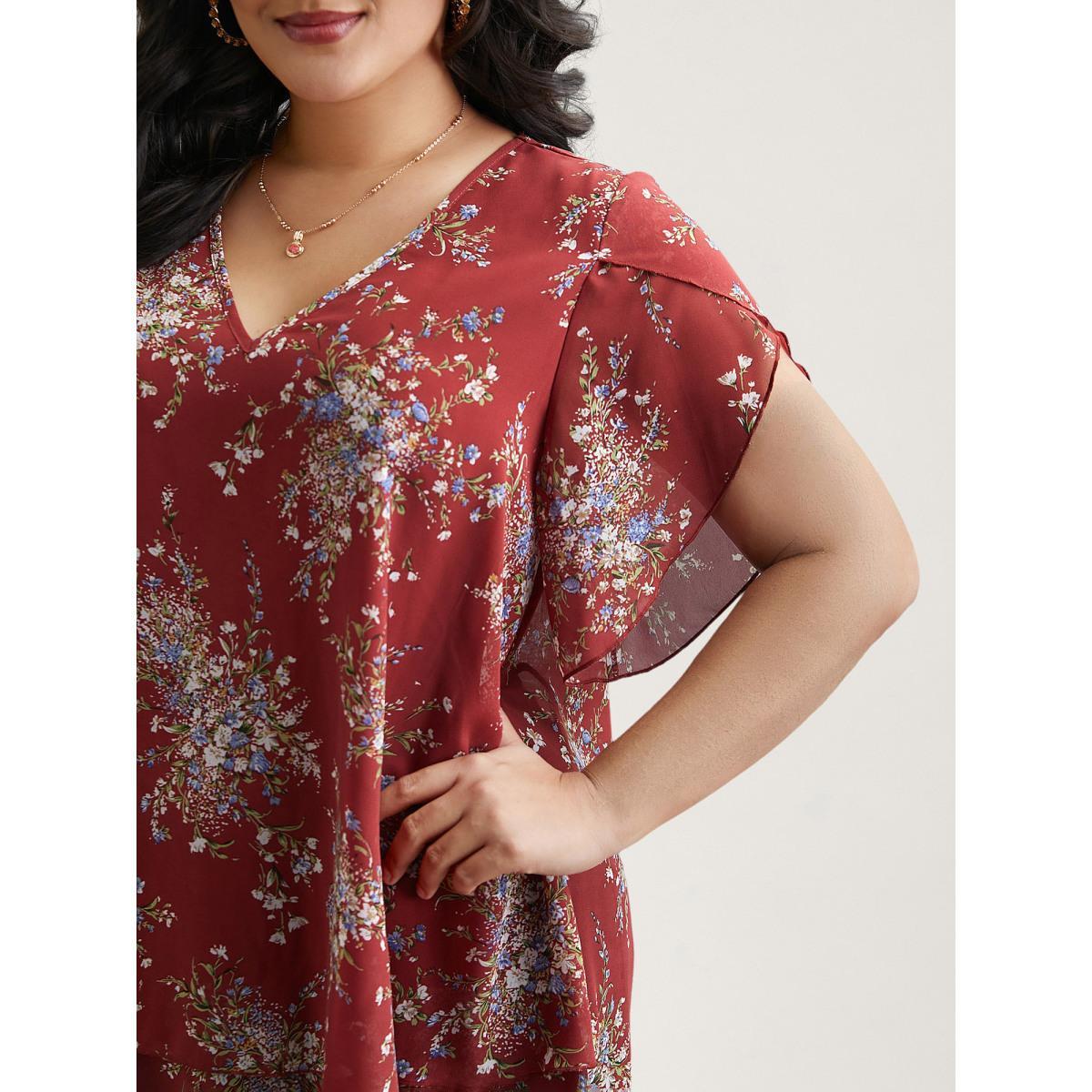 Plus Size Scarlet Floral Print Petal Sleeve Layered Blouse Women Elegant Half Sleeve V-neck Everyday Blouses BloomChic 30/6X Product Image