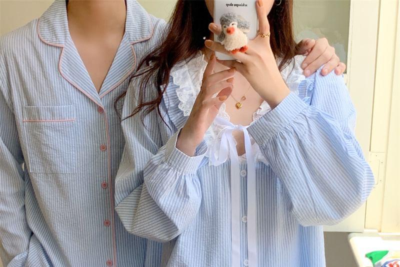 Couple Matching Striped Lace Trim Pajama Shirt / Pocket Detail Shirt / Pants / Set Product Image