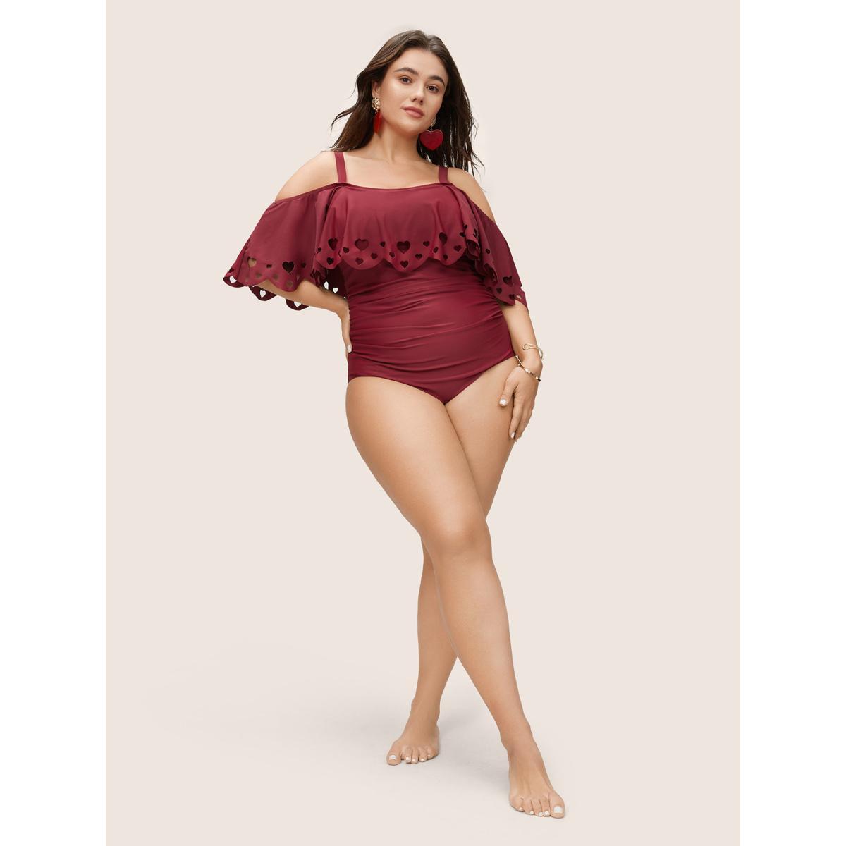 Plus Size Laser Cut Ruched Cold Shoulder One Piece Swimsuit Women's Swimwear Scarlet Beach Non Curve Bathing Suits High stretch One Pieces BloomChic 28/5X Product Image