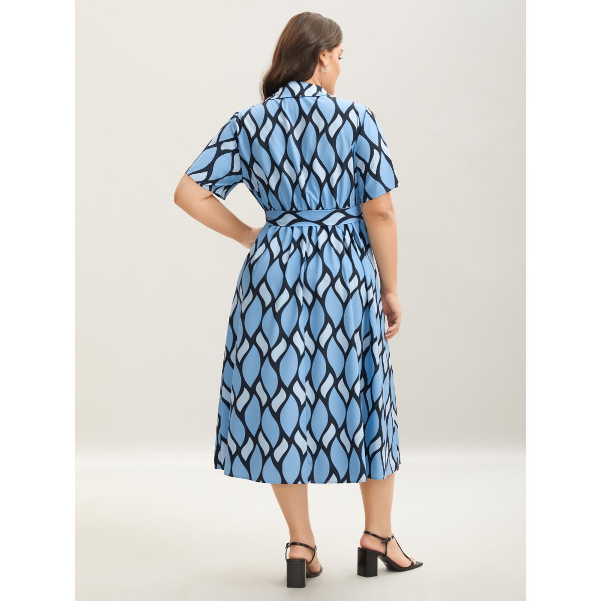 Plus Size Geometric Pattern Stretchy Waist Belted Midi Dress Multicolor Women Non Short sleeve Curvy BloomChic 28/5X Product Image