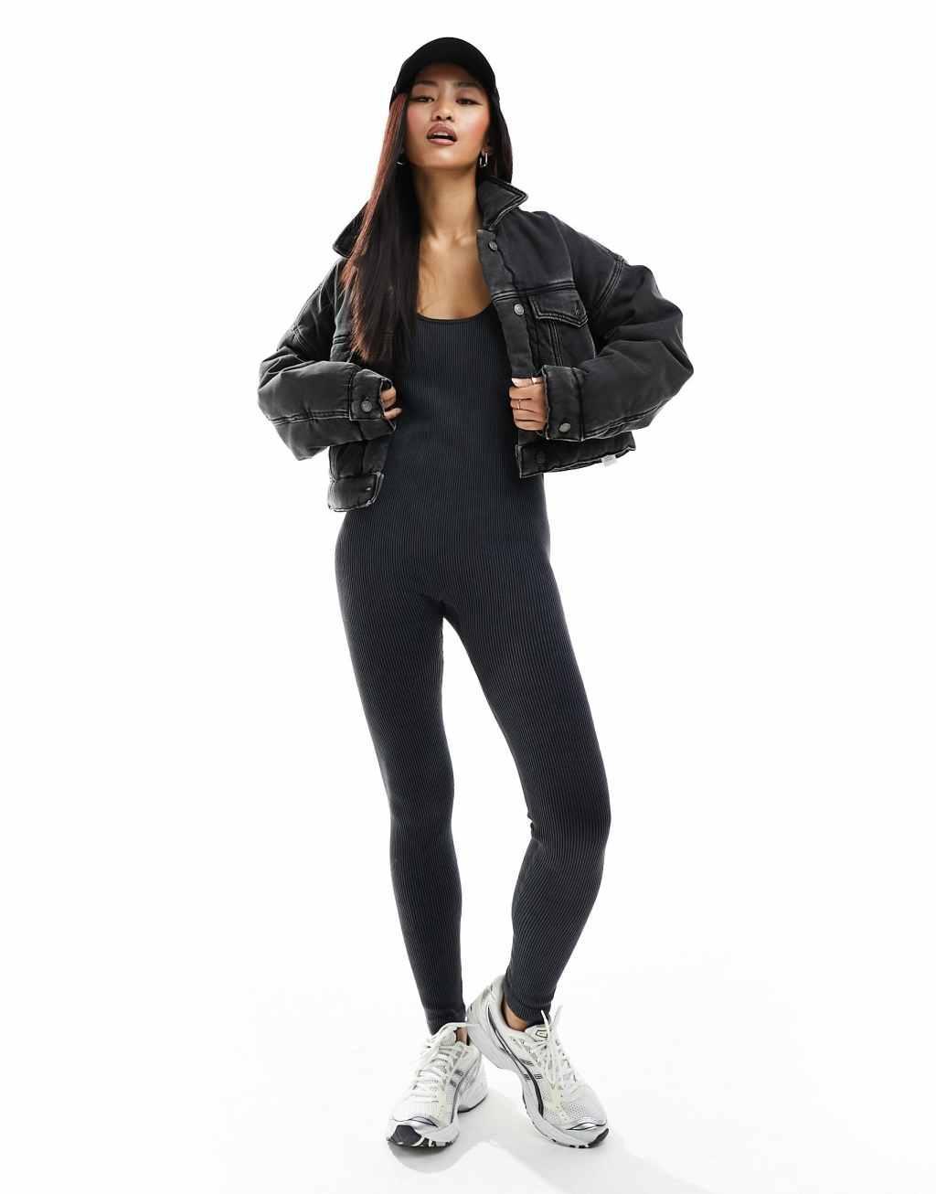 Miss Selfridge seamless rib unitard in washed gray Product Image