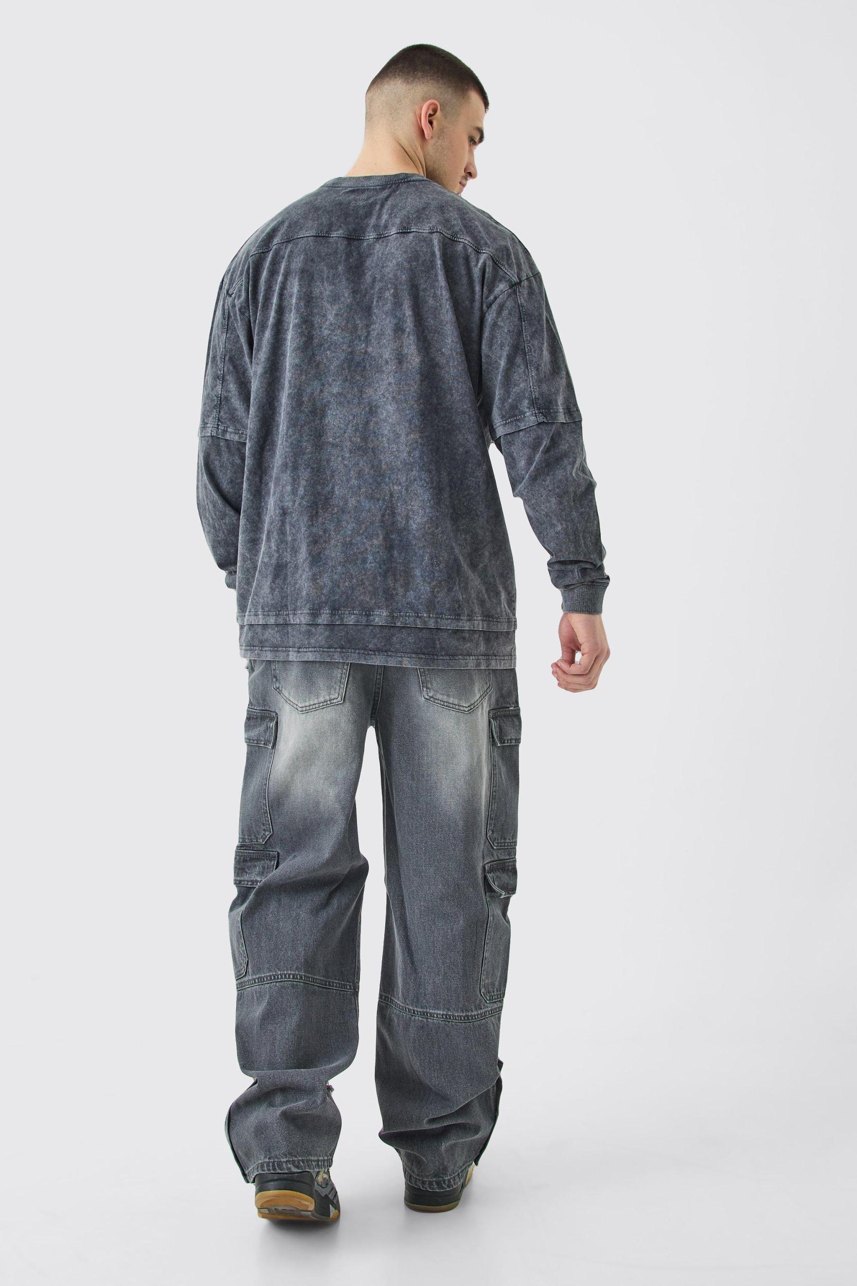 Tall Baggy Rigid Bm Applique Multi Pocket Cargo Jeans | boohooMAN USA Product Image