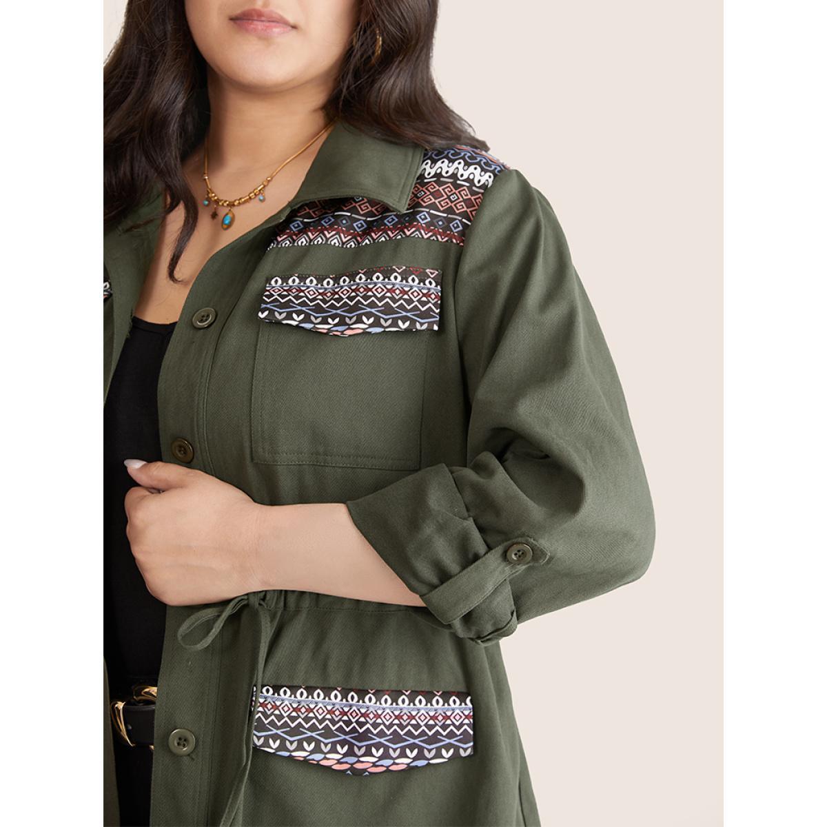 Plus Size Bandana Geometric Tab Sleeve Drawstring Jacket Women ArmyGreen Contrast Pocket Everyday Jackets BloomChic 22-24/3X Product Image