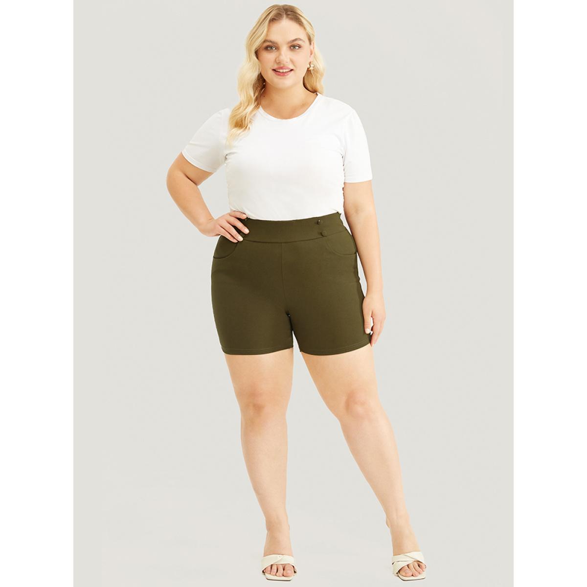 Plus Size Solid Elastic Waist Button Detail Pocket Shorts Women ArmyGreen Elegant High stretch Bodycon Mid Rise Dailywear Leggings BloomChic 10/M Product Image