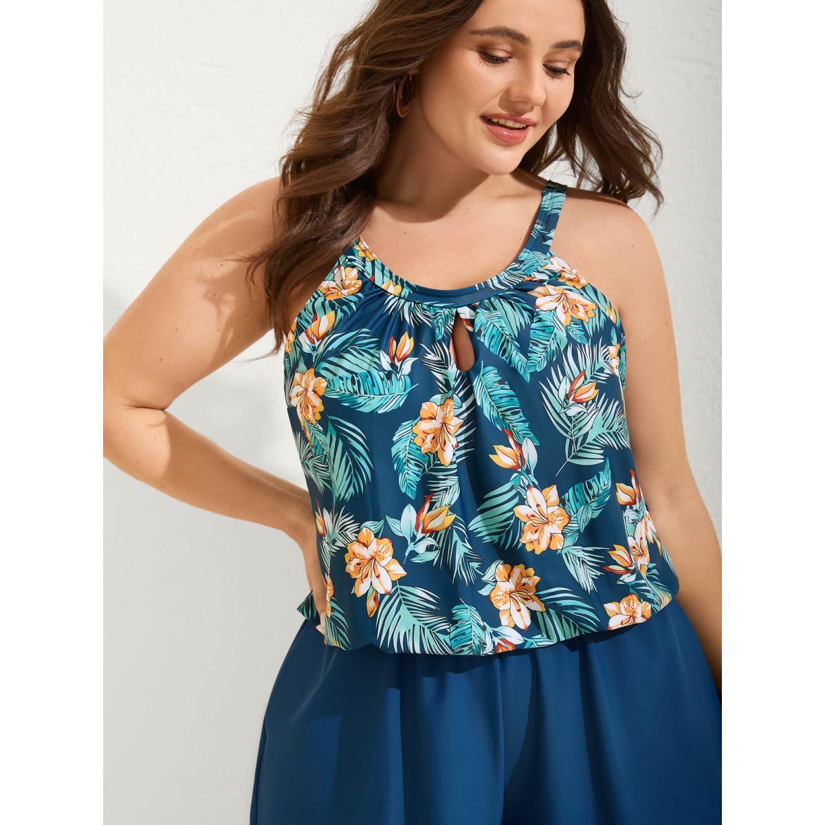 Plus Size Floral Print Keyhole Pockets Swim Romper Women's Swimwear DarkBlue Beach Curve Bathing Suits High stretch One Pieces BloomChic 22-24/3X Product Image