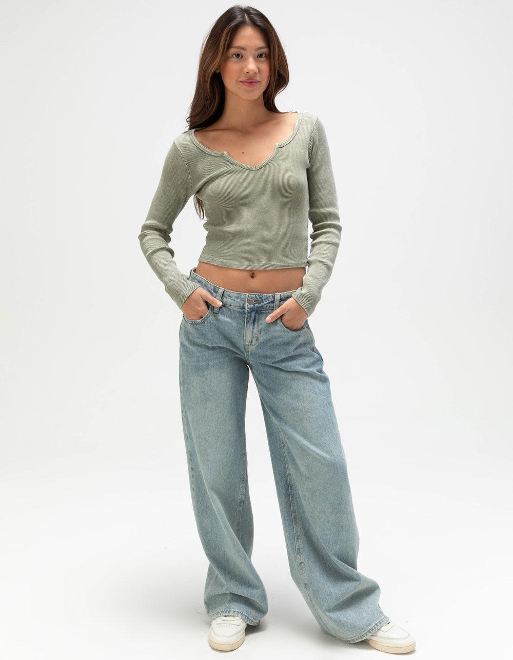 FULL TILT Notch Neck Womens Long Sleeve Rib Top - TAN Product Image