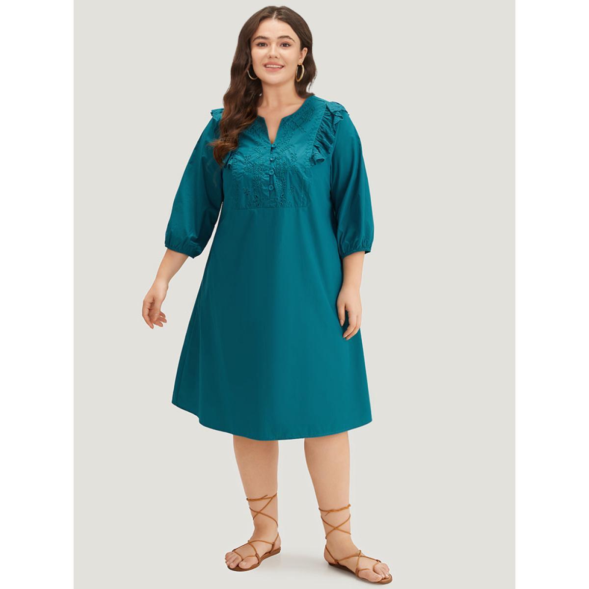 Plus Size Plain Ruffle Trim Lantern Sleeve Dress Cerulean Women Vacation Elastic cuffs Notched collar Elbow-length sleeve Curvy Midi Dress BloomChic 18-20/2X Product Image