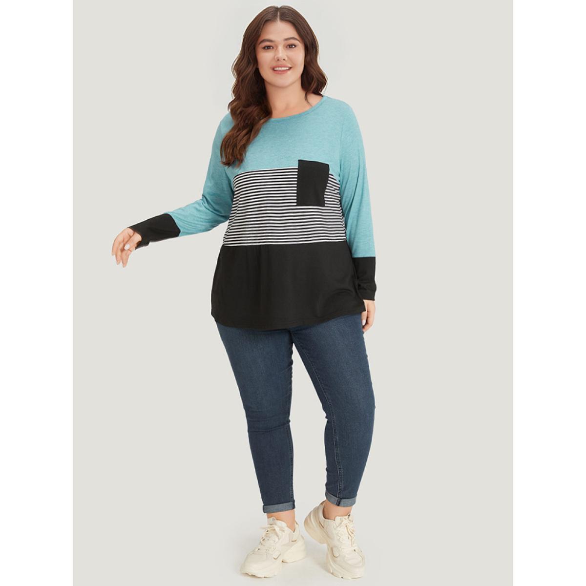 Plus Size Striped Colorblock Contrast Patchwork Crew Neck T-shirt Multicolor Women Casual Contrast Striped Round Neck Dailywear T-shirts BloomChic 22-24/3X Product Image