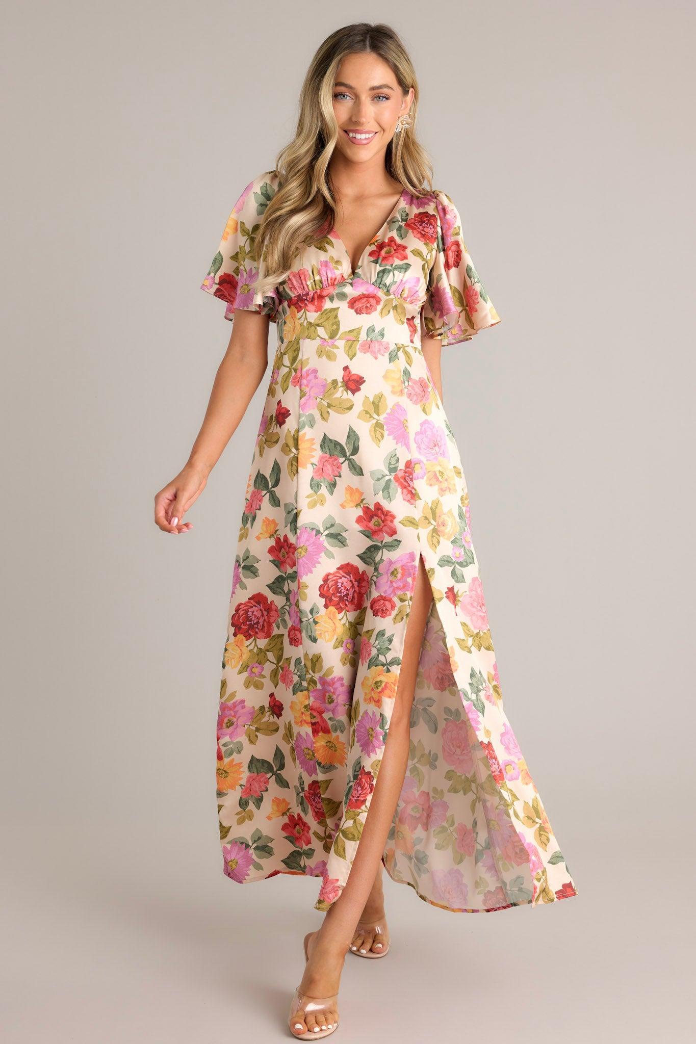 Rosewood Romance Beige Multi Floral Futter Sleeve Maxi Dress Product Image