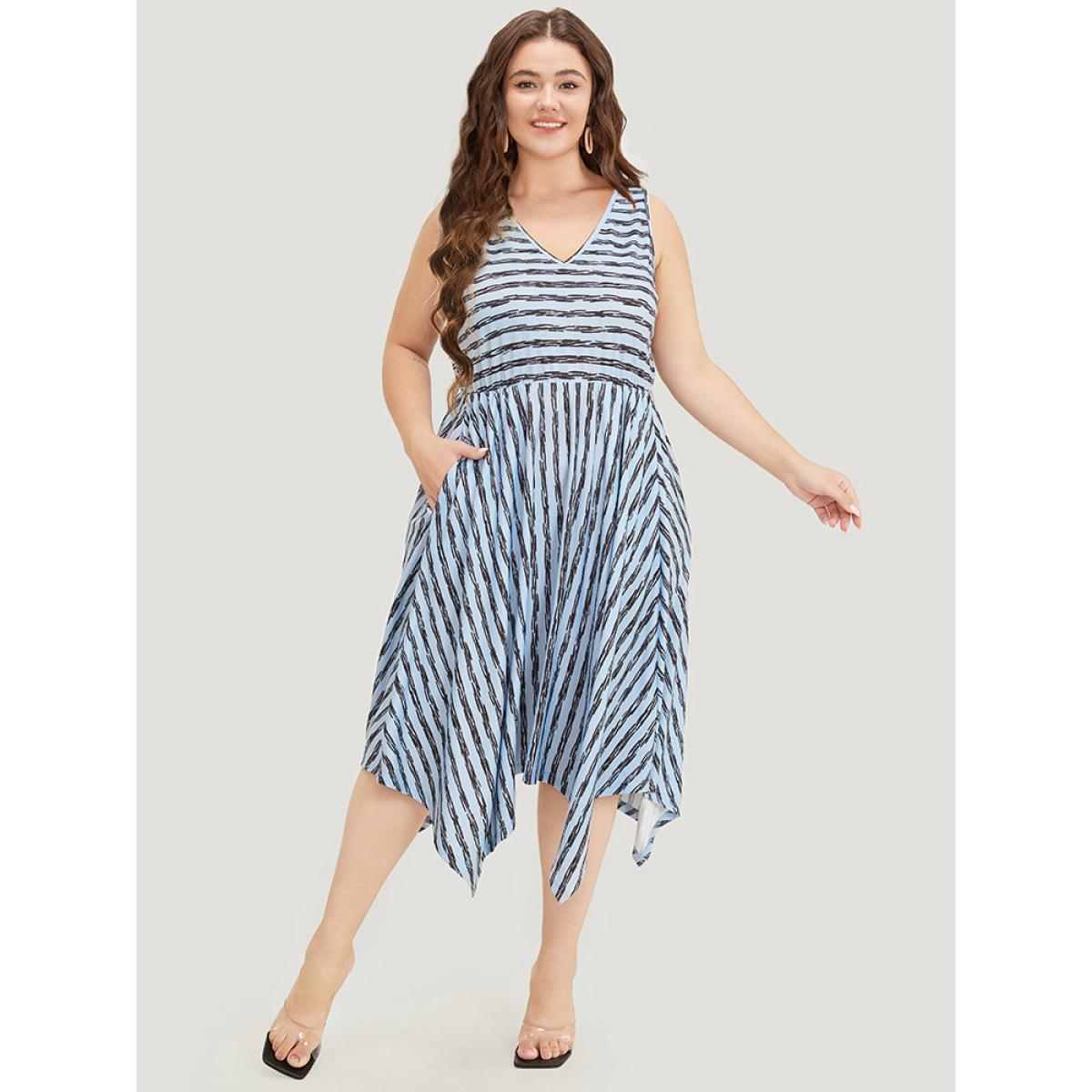 Plus Size Striped Print Hanky Hem Pocket V Neck Tank Dress Stone Women Elegant Gathered V-neck Sleeveless Curvy Midi Dress BloomChic 22-24/3X Product Image