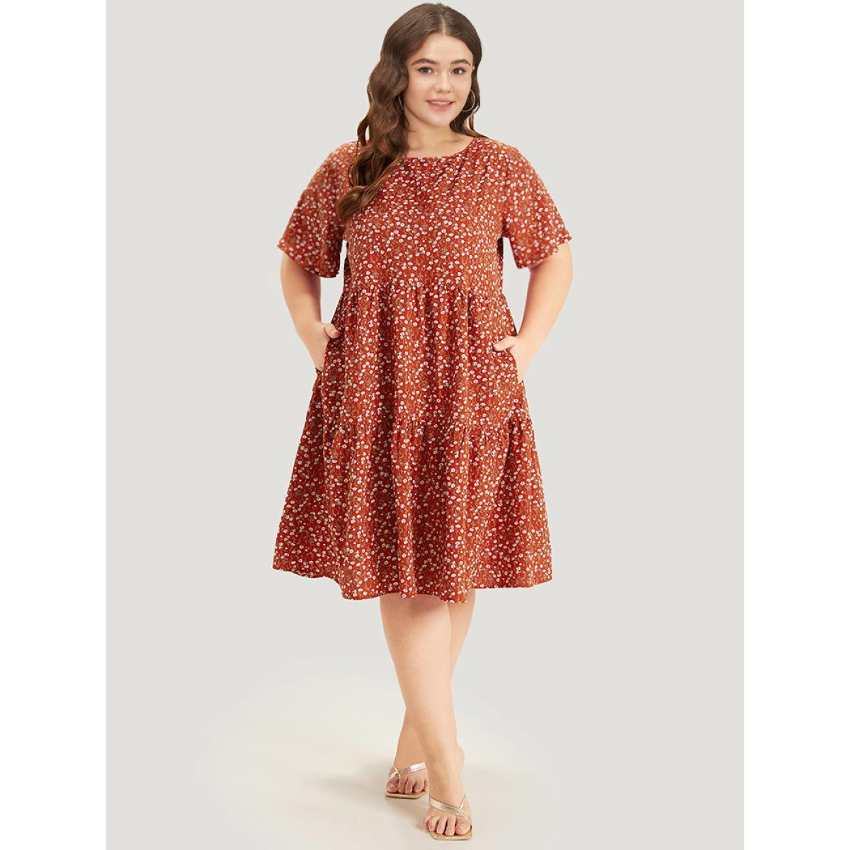 Plus Size Ditsy Floral Pocket Layered Patchwork Crew Neck Dress Russet Women Elegant Printed Round Neck Short sleeve Curvy Midi Dress BloomChic 28/5X Product Image