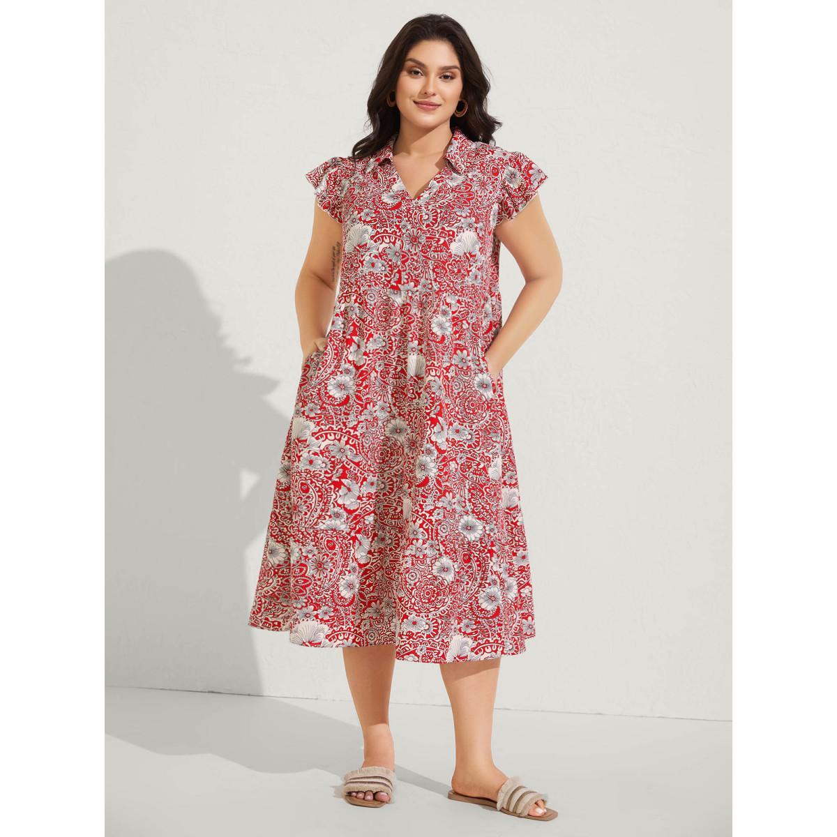 Plus Size Paisley Print Collar Flutter Sleeve Midi Dress Raspberry Women Notched collar Cap Sleeve Curvy BloomChic 10/M Product Image