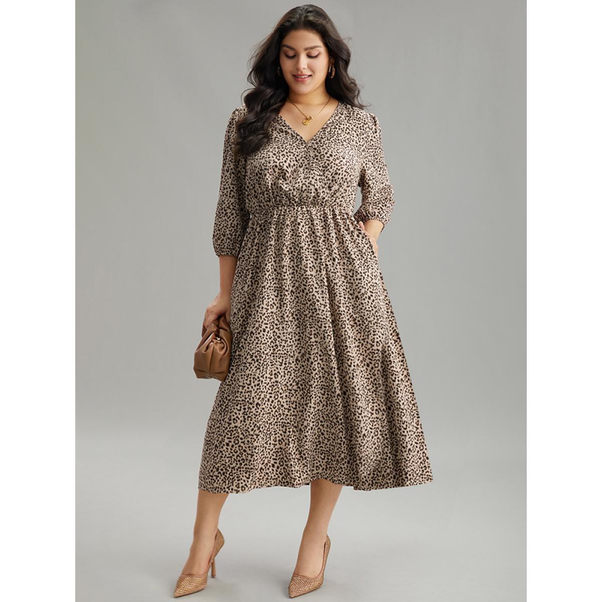 Plus Size Leopard Print Elastic Waist Wrap Dress LightBrown Women Office Elastic cuffs Overlap Collar Elbow-length sleeve Curvy Midi Dress BloomChic 18-20/2X Product Image