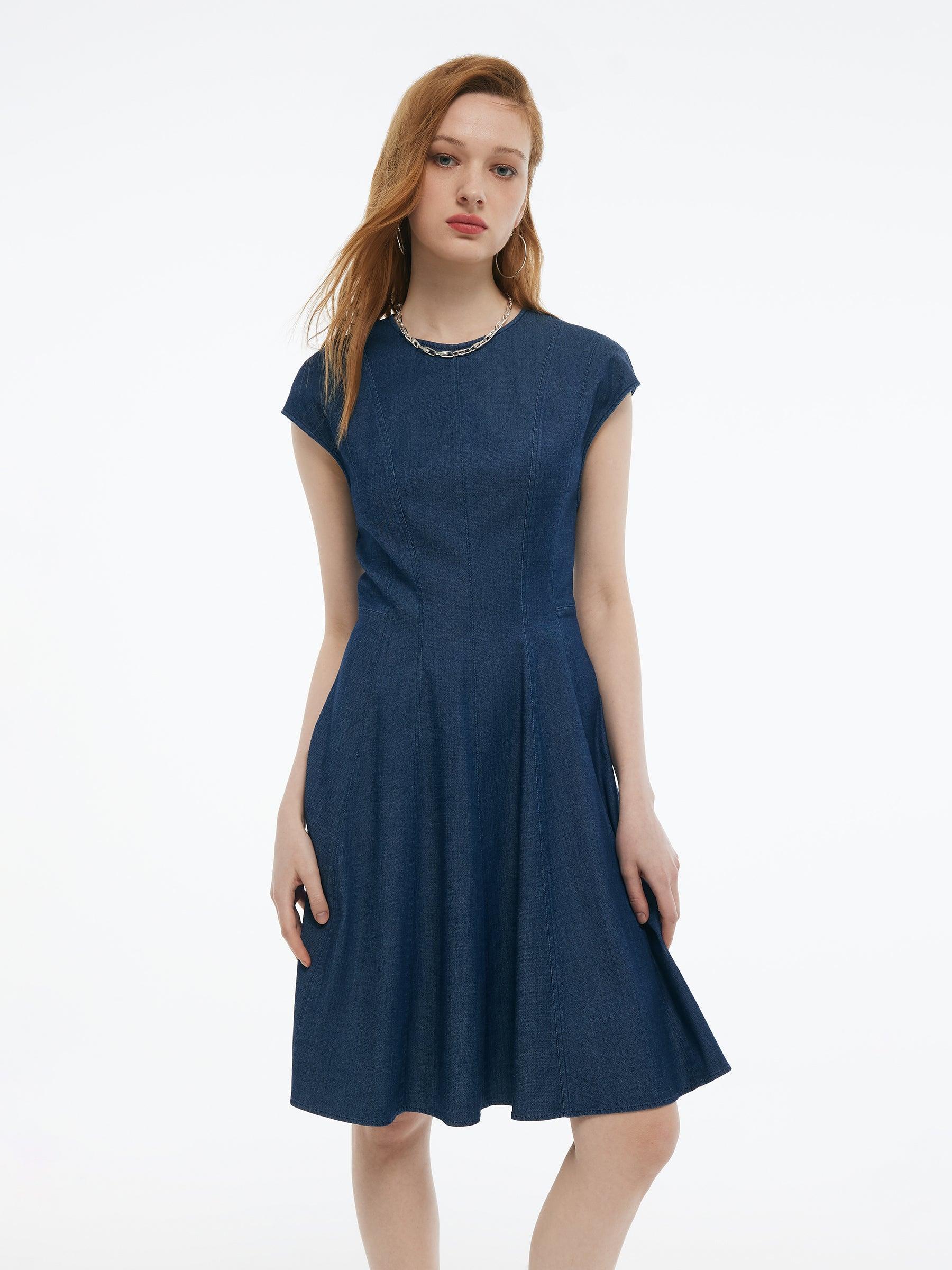 Denim Cap Sleeve Women Midi Dress Product Image