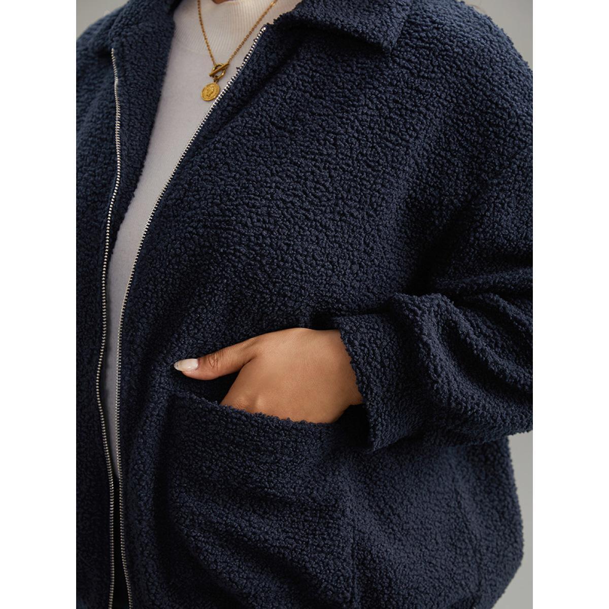 Plus Size Solid Zipper Pocket Teddy Jacket Women DarkBlue Casual Plain Ladies Dailywear Winter Coats BloomChic 12/L Product Image
