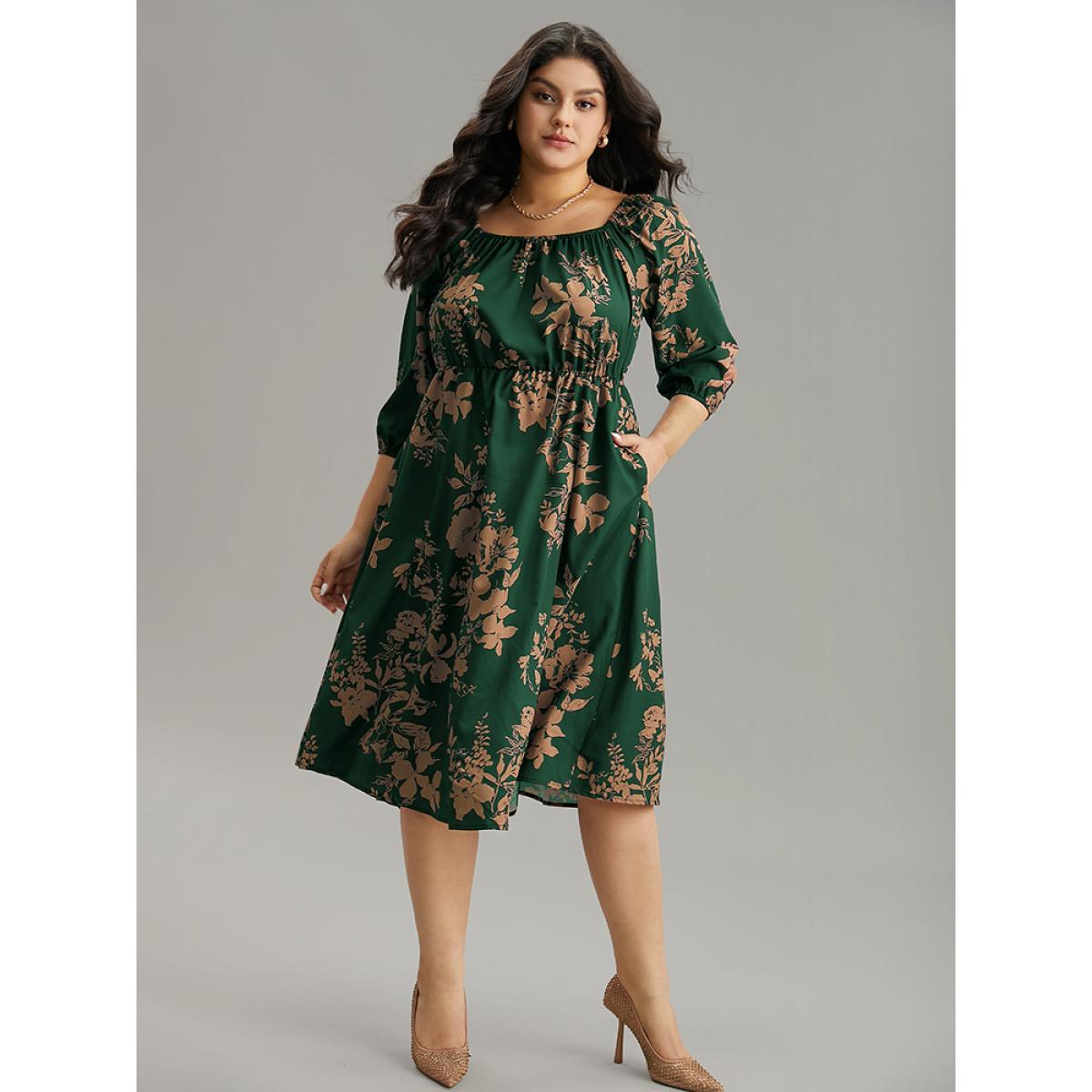 Plus Size Silhouette Floral Print Elastic Cuffs Dress DarkGreen Women Elegant Elastic cuffs Square Neck Elbow-length sleeve Curvy Midi Dress BloomChic 10/M Product Image