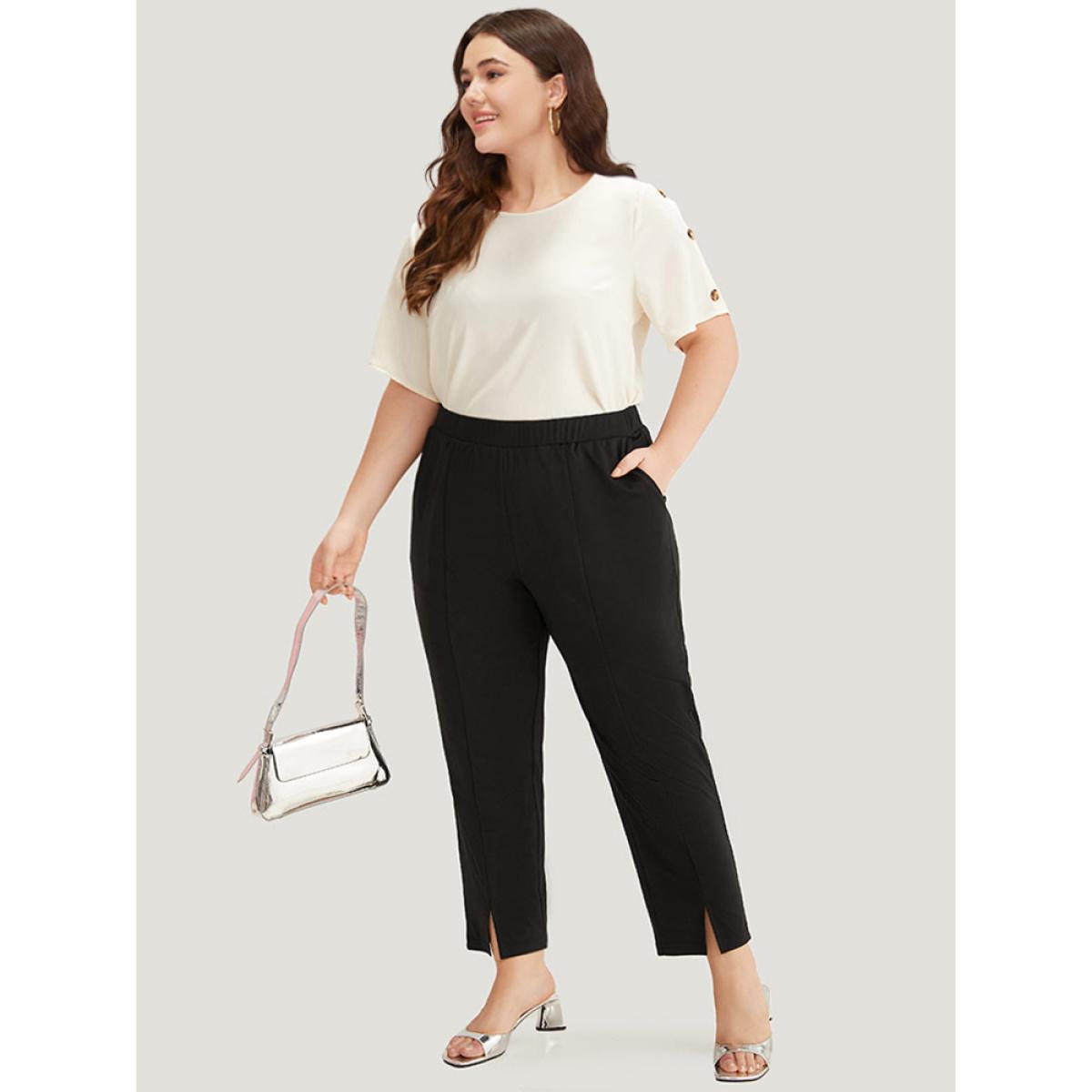 Plus Size Plain Split Hem Pocket Elastic Waist Pants Women Black At the Office High Rise Work Pants BloomChic 28/5X Product Image