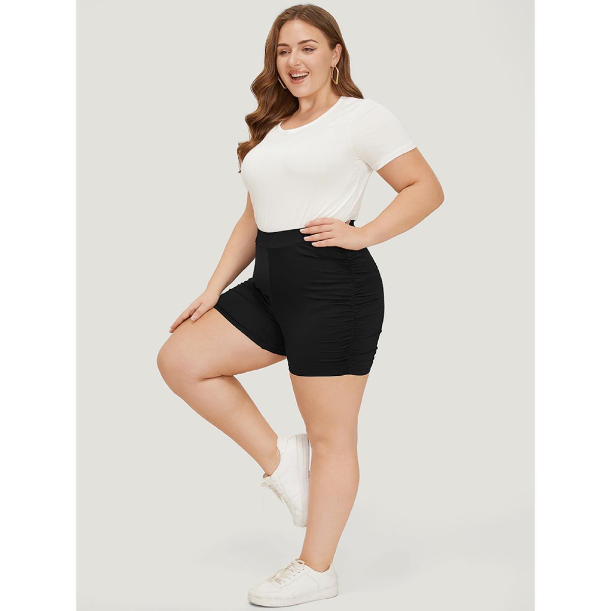 Plus Size Plain Skinny Ruched Side Shorts Women Black Casual High stretch Skinny High Rise Dailywear Leggings BloomChic 10/M Product Image