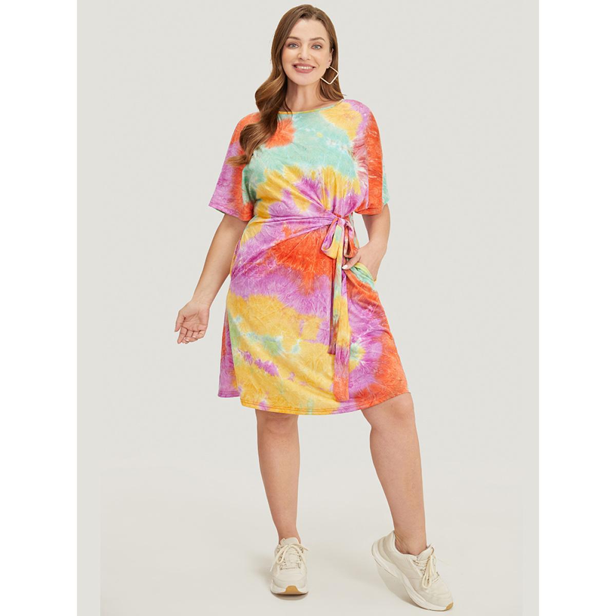 Plus Size Tie Dye Pocket Knotted Front Batwing Sleeve Knee Dress Orange Women Casual Knotted Round Neck Short sleeve Curvy Knee Dress BloomChic 12/L Product Image