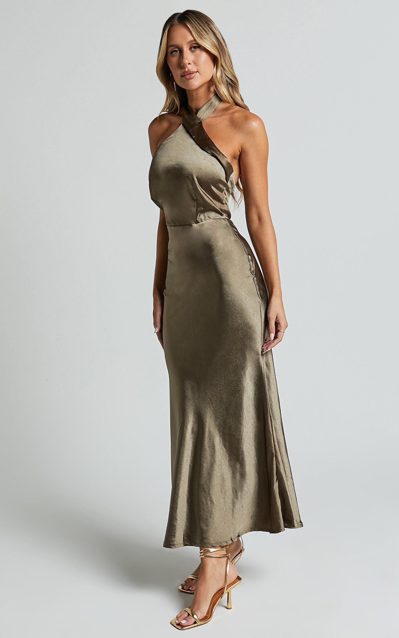 Rhianne Midi Dress - Twist Halter Neck Open Back Satin Dress in Olive Product Image