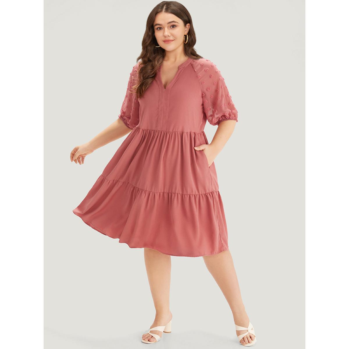 Plus Size Solid Notched Lantern Sleeve Ruffle Layered Hem Dress Watermelon Women Elegant Plain Notched collar Half Sleeve Curvy Knee Dress BloomChic 12/L Product Image