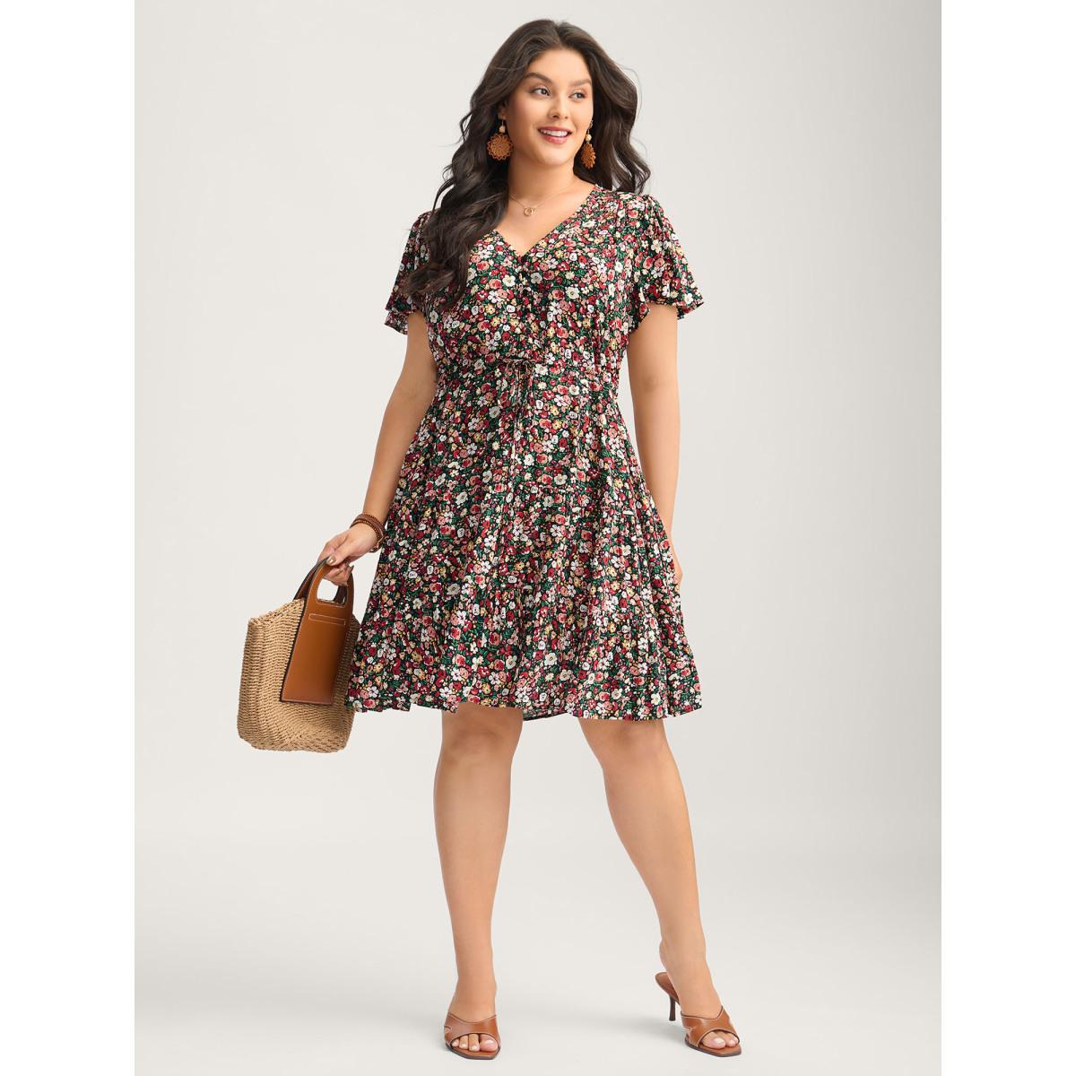 Plus Size Floral Print Waist-Tie Midi Dress Black Women V-neck Cap Sleeve Curvy BloomChic 14-16/1X Product Image