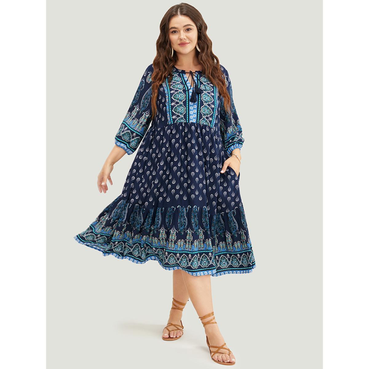 Plus Size Bandana Print Ruffles Lantern Sleeve Pocket Tassels Tie Neck Dress Indigo Women Vacation Tassels Tie Neck Elbow-length sleeve Curvy Midi Dress BloomChic 26/4X Product Image