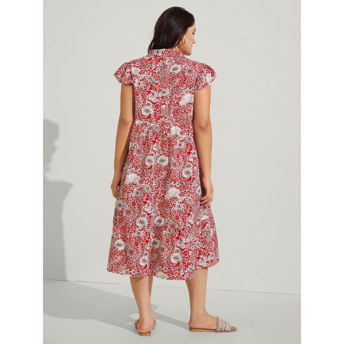 Plus Size Paisley Print Collar Flutter Sleeve Midi Dress Raspberry Women Notched collar Cap Sleeve Curvy BloomChic 28/5X Product Image